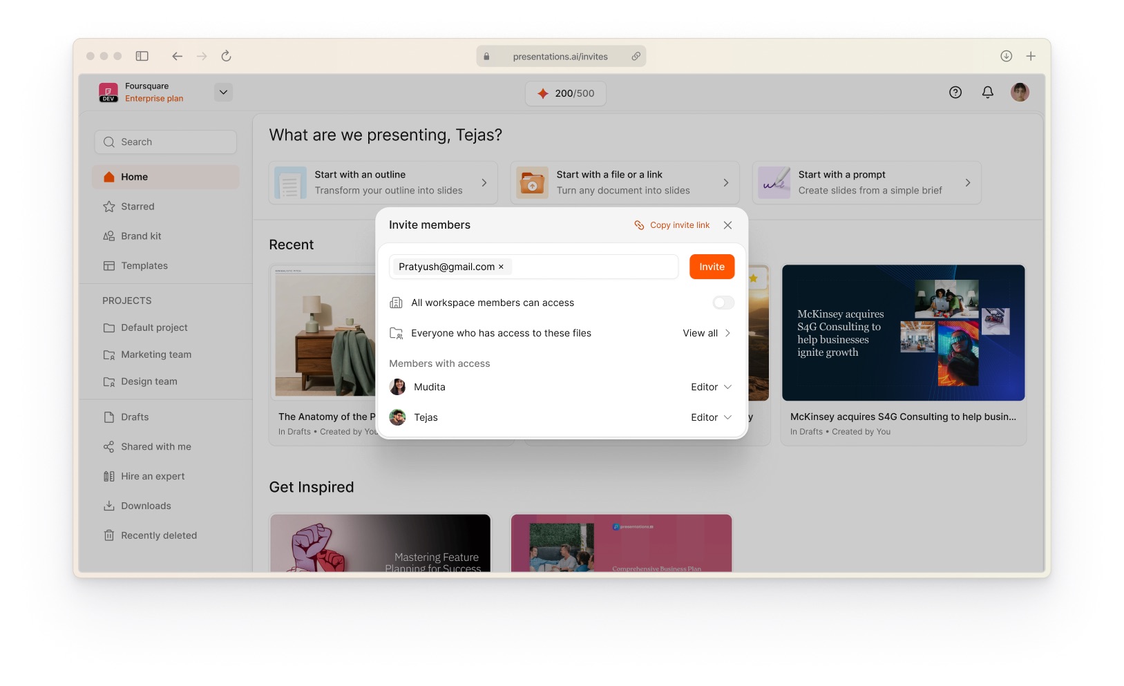 The invite and sharing controls shown in a browser window