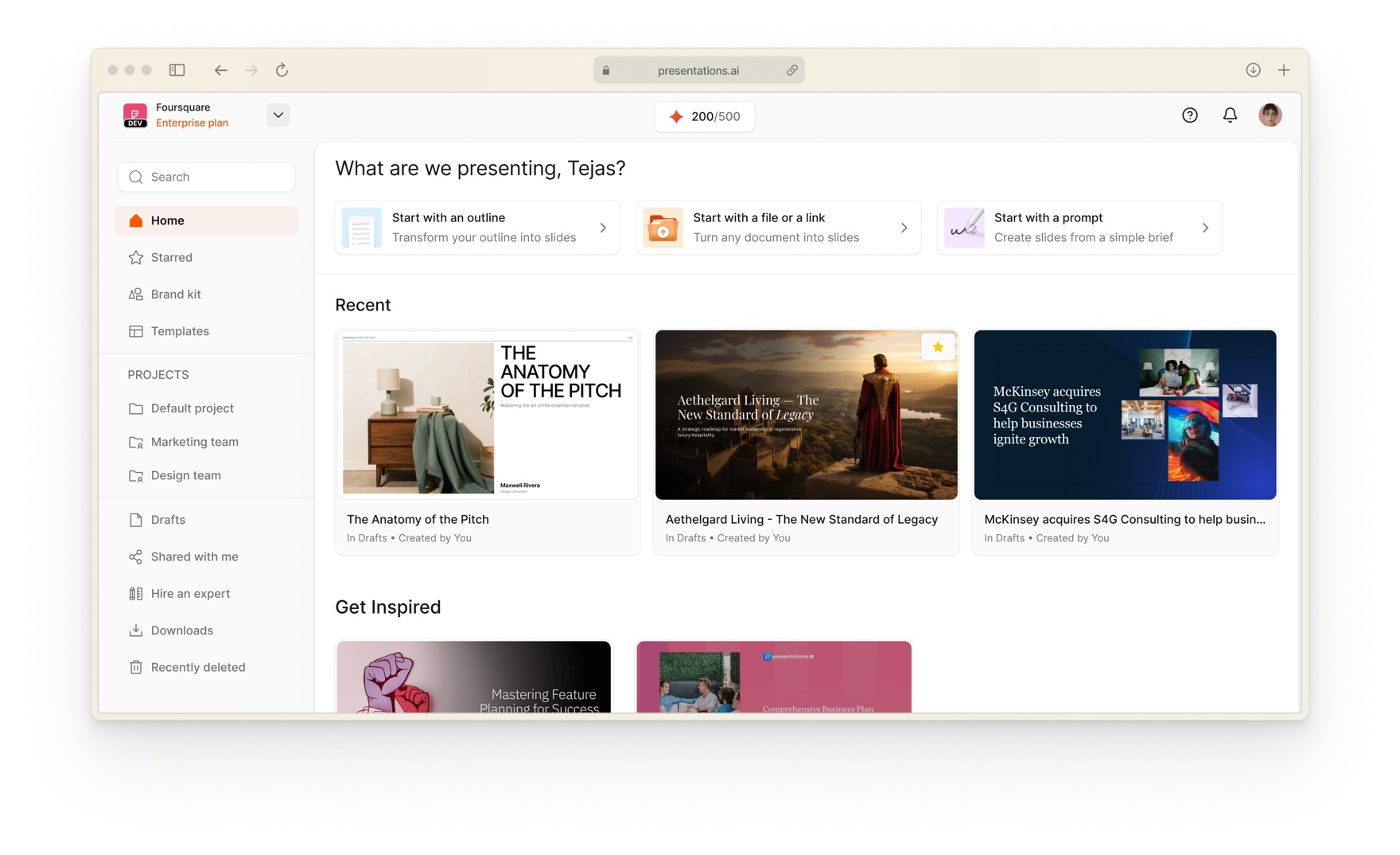 The redesigned Presentations.ai dashboard in a browser window