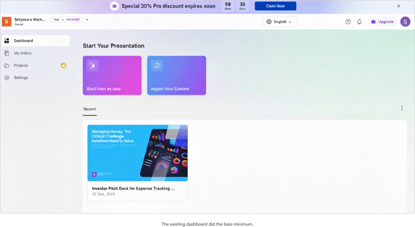 Screenshot of the old, cluttered Presentations.ai dashboard