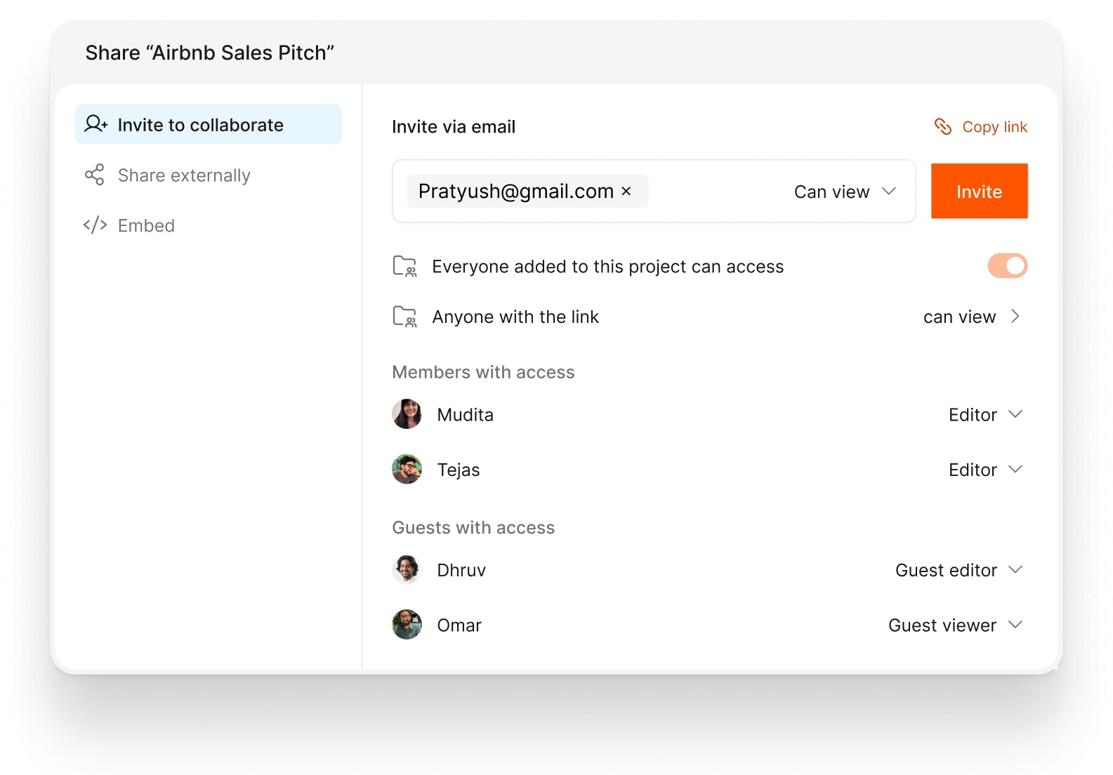 The share modal for inviting a member or guest with a permission level